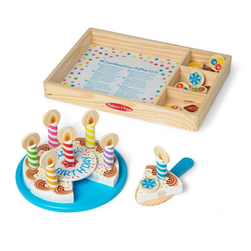 slide 4 of 9, Melissa & Doug Birthday Party Cake - Wooden Play Food With Mix-n-Match Toppings and 7 Candles, 1 ct