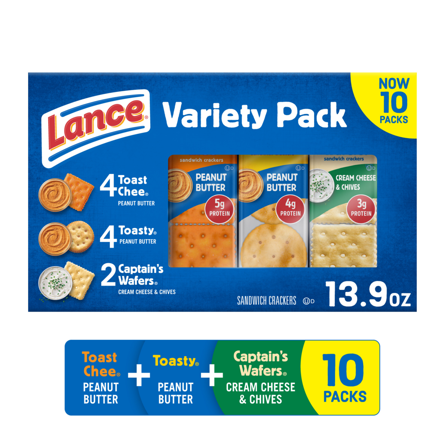 slide 1 of 5, Lance Sandwich Crackers, Variety Pack, 3 Flavors, 10 Individually Wrapped Packs, 6 Sandwiches Each, 13.900 oz