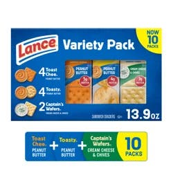Lance Sandwich Crackers, Variety Pack, 3 Flavors, 10 Individually Wrapped Packs, 6 Sandwiches Each