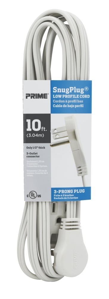 slide 1 of 1, Prime Wire & Cable Snug Plug 3-Outlet Low-Profile Extension Cord - Spt-2 16/3 - 10 Foot, 10 ft