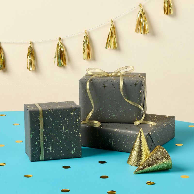 slide 2 of 3, Foil Dotted Wrapping Paper Dark Gray - Spritz™: Gift Wrap for Graduation & Christmas, Star Pattern, 94.5" x 30", 1 ct