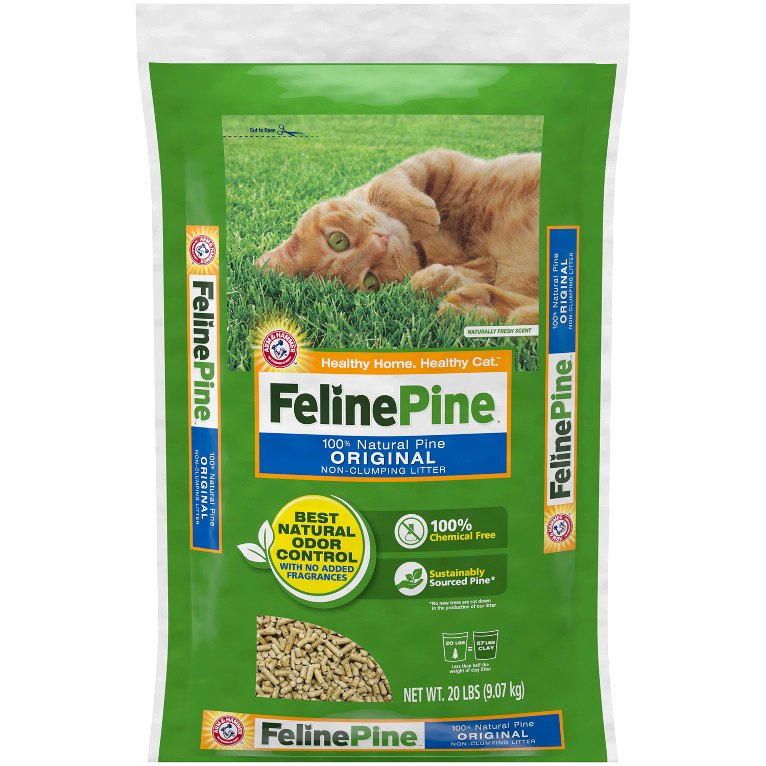 slide 1 of 2, ARM & HAMMER Feline Pine Fragrance Free 100% Natural Pine, Odor Control, Non-Clumping Cat Litter - 20lbs, 20 lb