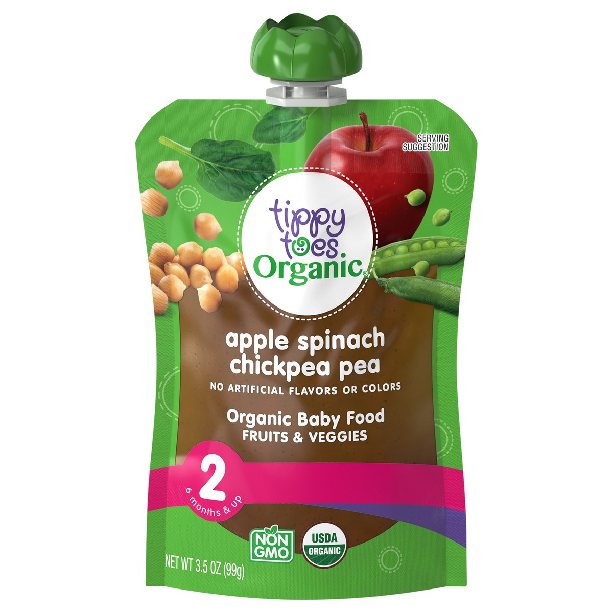 slide 13 of 14, Tippy Toes Organic 2 (6 Months & Up) Apple Spinach Chickpea Pea Baby Food 3.5 oz, 