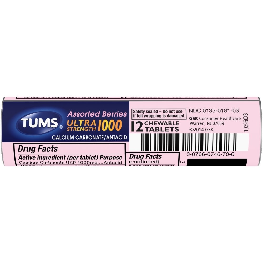 slide 1 of 1, Tums Antacid With Calcium, Ultra Strength 1000, Chewable Tablets, Assorted Berries, 12 ct