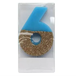 Number 6 Glitter Candle Blue/Gold - Spritz™: Birthday Cake Candle, 4" Wax, Single Piece