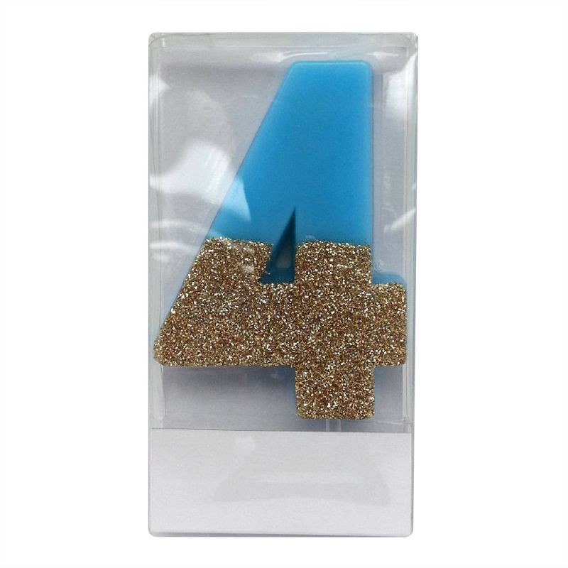 slide 1 of 1, Number 4 Glitter Candle Blue/Gold - Spritz™: Birthday Cake Decoration, Wax, 4" Height, Single Piece, 1 ct