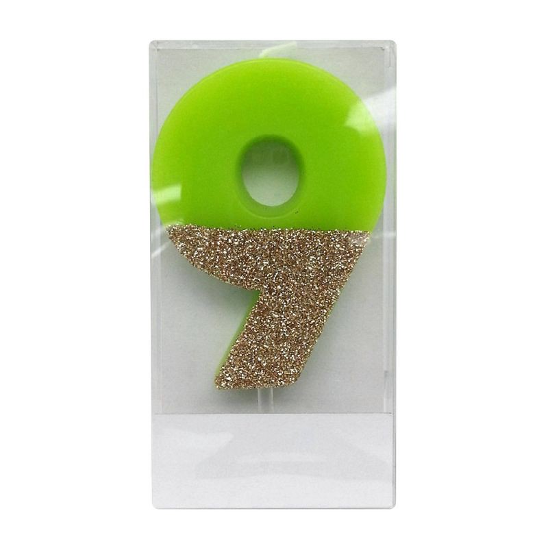 slide 1 of 1, Number 9 Glitter Candle Green/Gold - Spritz™: Birthday Cake Decoration, Wax, 4" Height, 1 ct