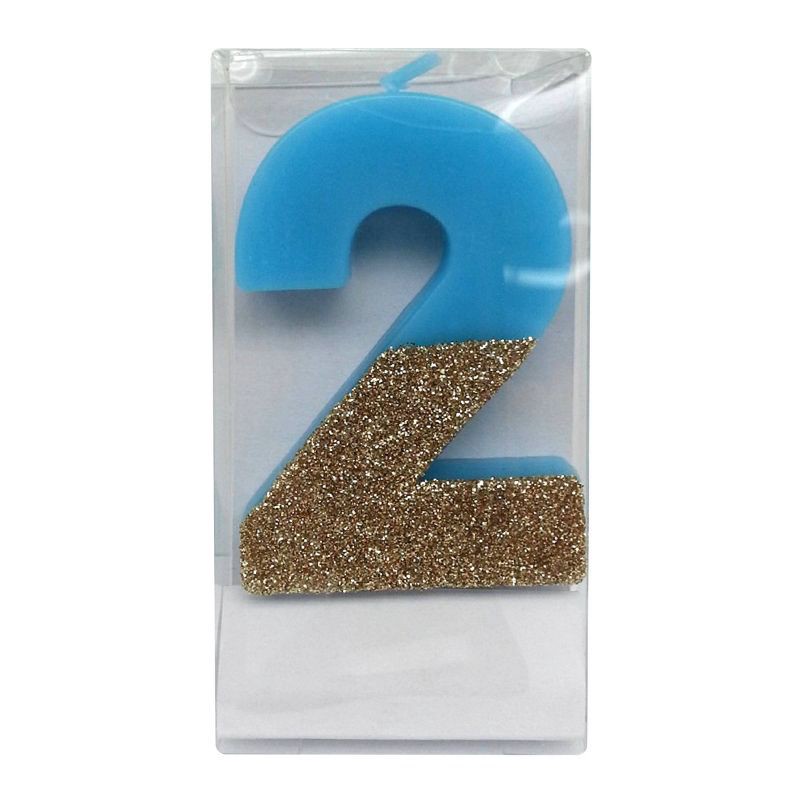 slide 1 of 1, Number 2 Glitter Candle Blue/Gold - Spritz™: Birthday Cake Decoration, Wax, 4" Height, Single Piece, 1 ct