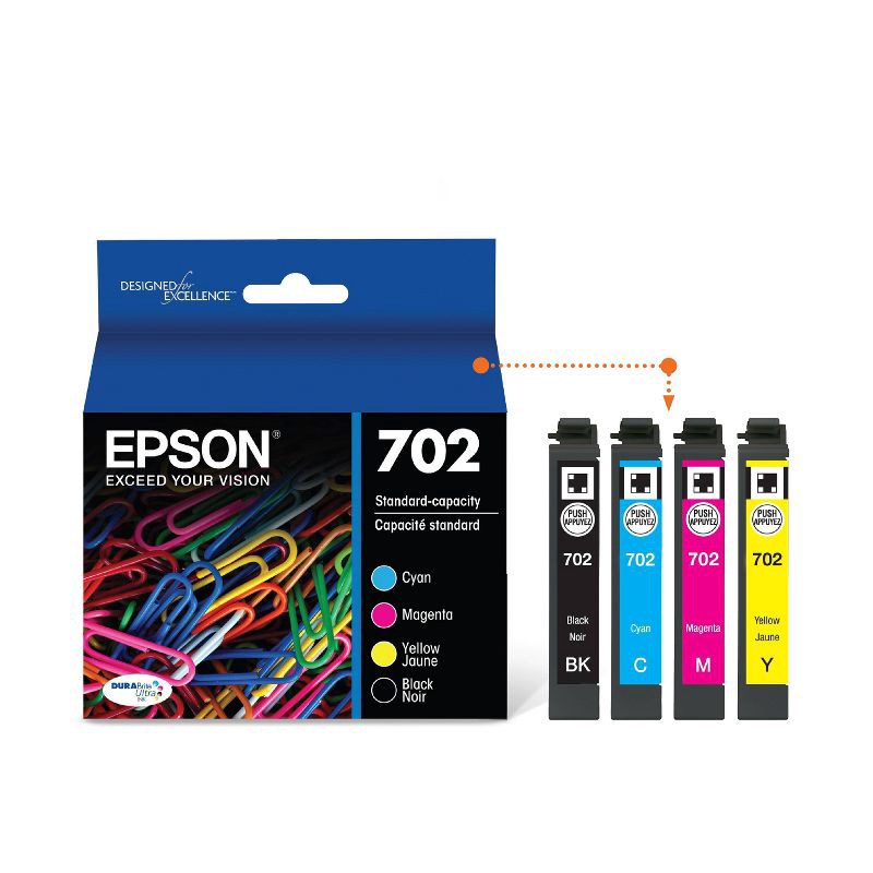 slide 2 of 6, Epson 702 Black C/M/Y 4pk Combo Ink Cartridges - Black Cyan Magenta Yellow (T702120-BCS), 4 ct