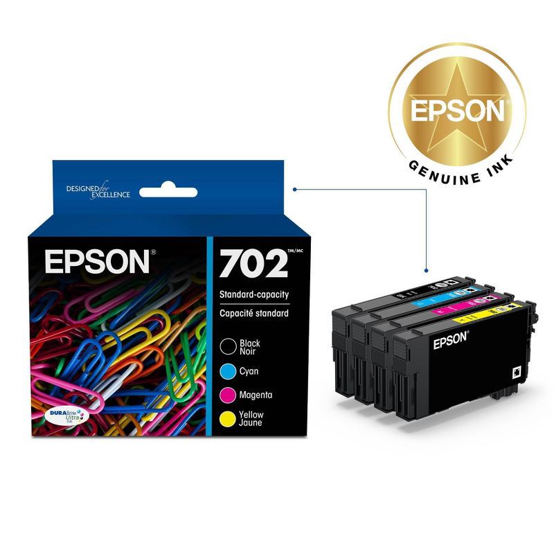 slide 2 of 6, Epson 702 Black C/M/Y 4pk Combo Ink Cartridges - Black Cyan Magenta Yellow: Standard Yield, 4 ct
