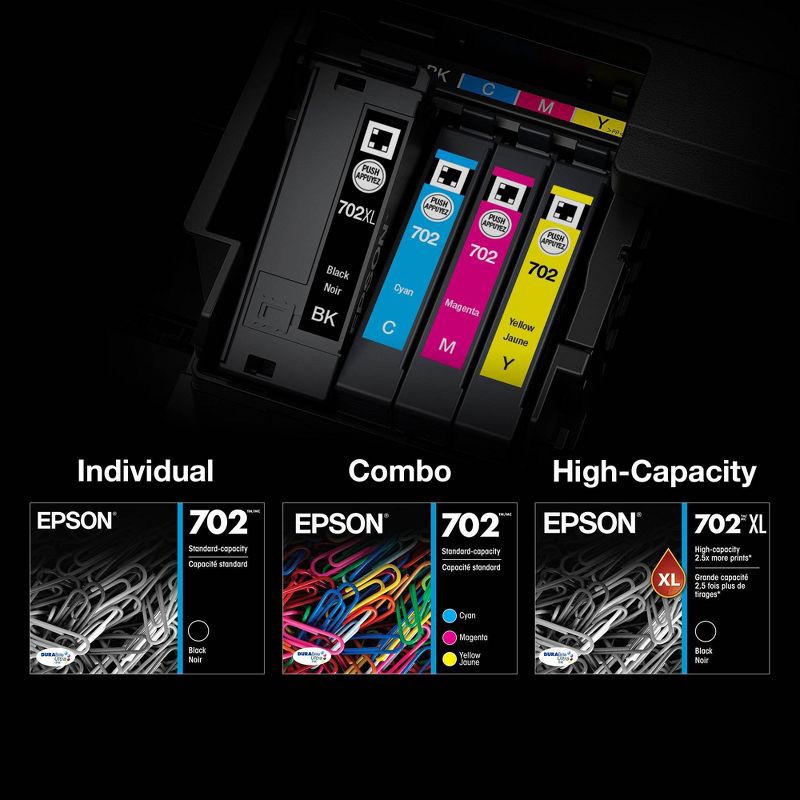 slide 5 of 6, Epson 702 Black C/M/Y 4pk Combo Ink Cartridges - Black Cyan Magenta Yellow: Standard Yield, 4 ct