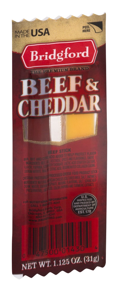 slide 2 of 9, Bridgford Beef and Cheddar Sticks, 1.125 oz