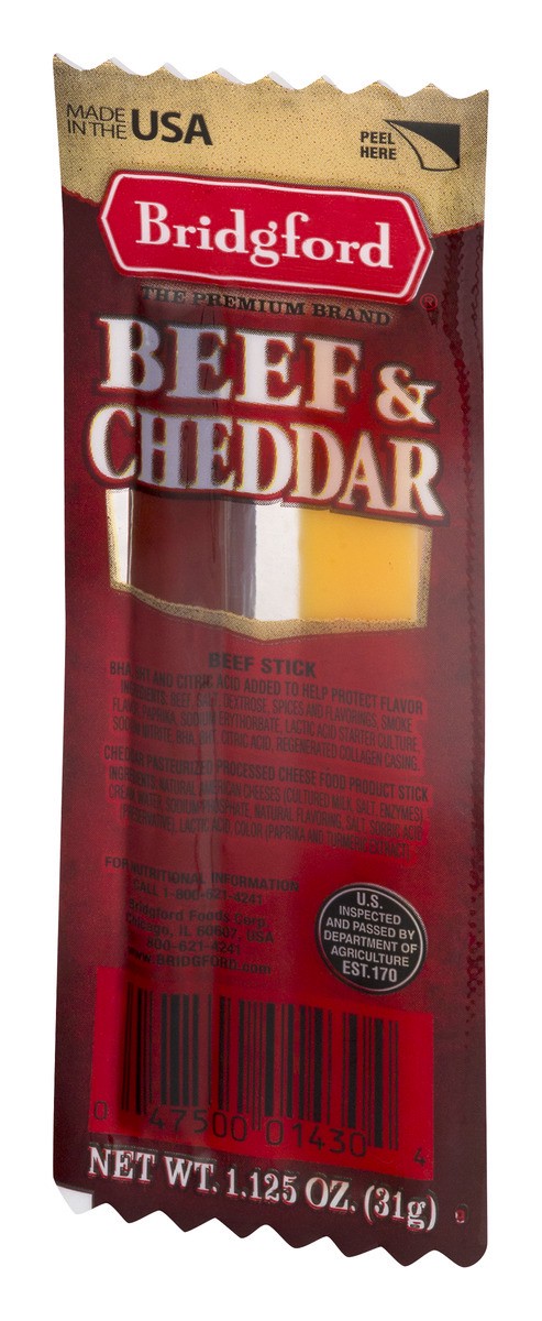 slide 4 of 9, Bridgford Beef and Cheddar Sticks, 1.125 oz