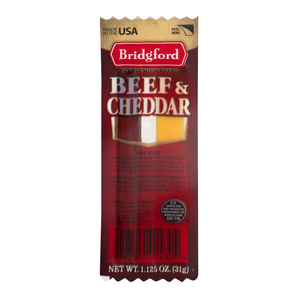 slide 1 of 1, Bridgford Beef and Cheddar Sticks, 1.125 oz