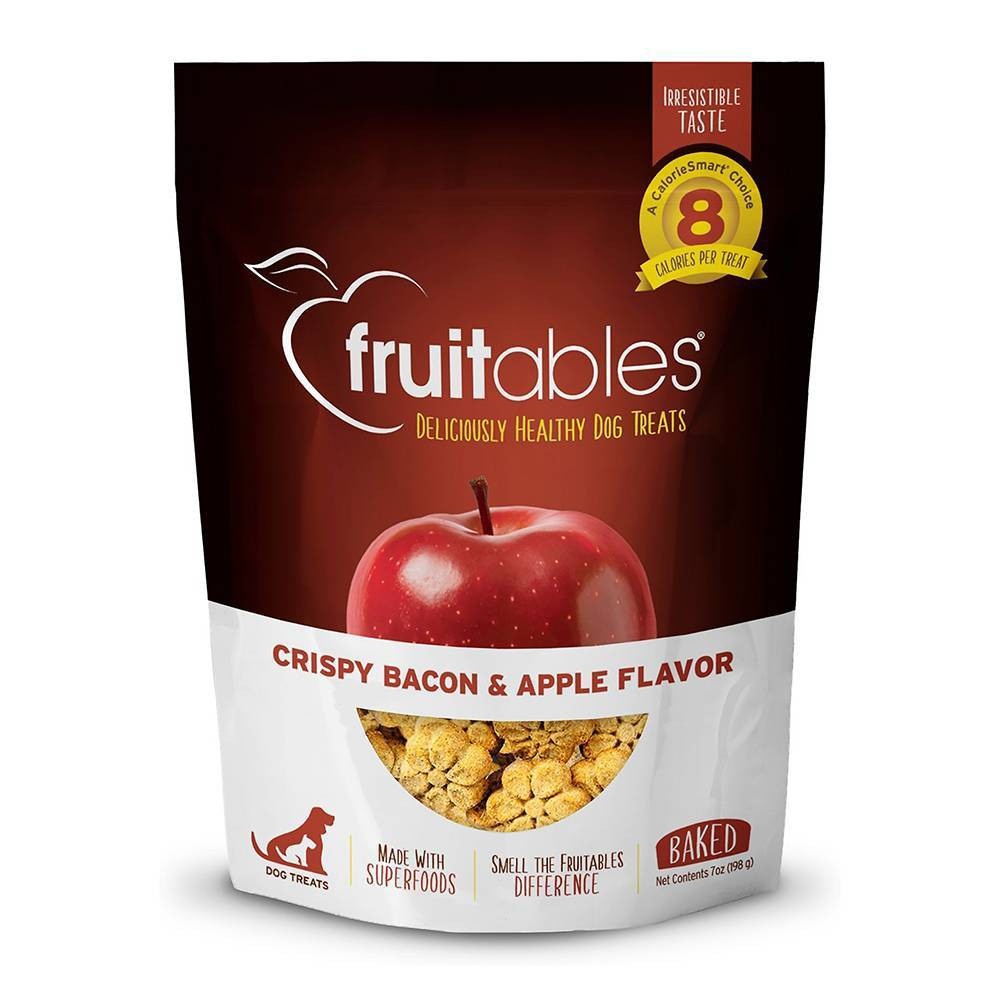 slide 1 of 7, Fruitables Baked Cripsy Bacon and Apple Flavor Healthy Low Calorie Dog Treats - 7oz, 7 oz