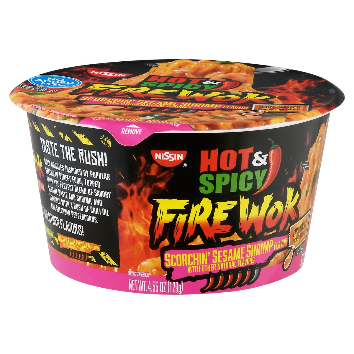 slide 6 of 9, Nissin Fire Wok Hot & Spicy Scorchin' Sesame Shrimp Flavor Stir Fry Asian Noodles in Sauce 4.55 oz, 4.55 oz