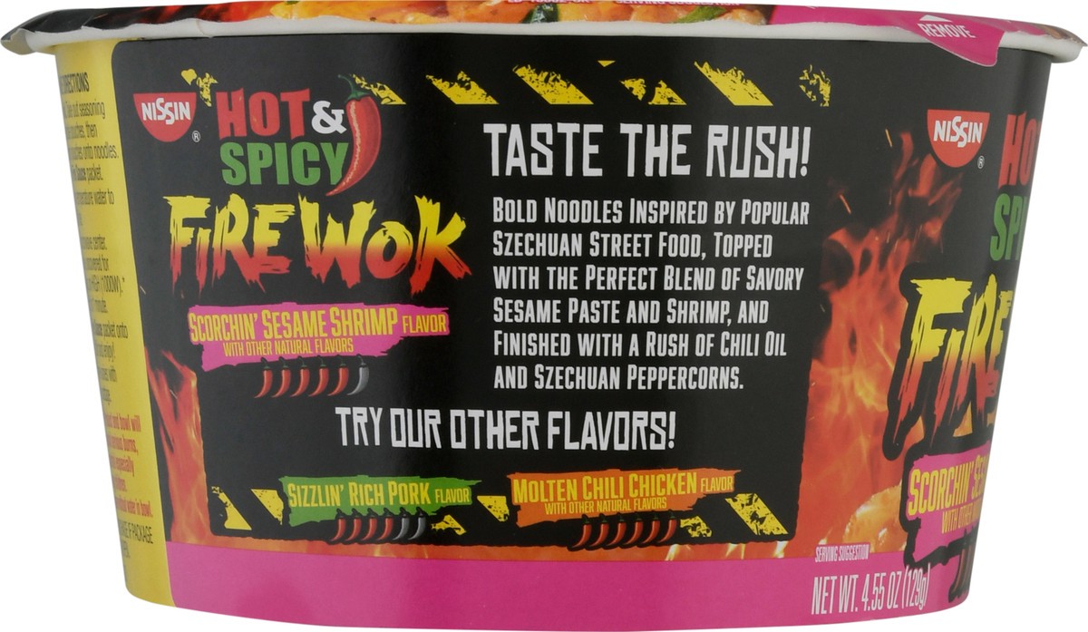 slide 5 of 9, Nissin Fire Wok Hot & Spicy Scorchin' Sesame Shrimp Flavor Stir Fry Asian Noodles in Sauce 4.55 oz, 4.55 oz