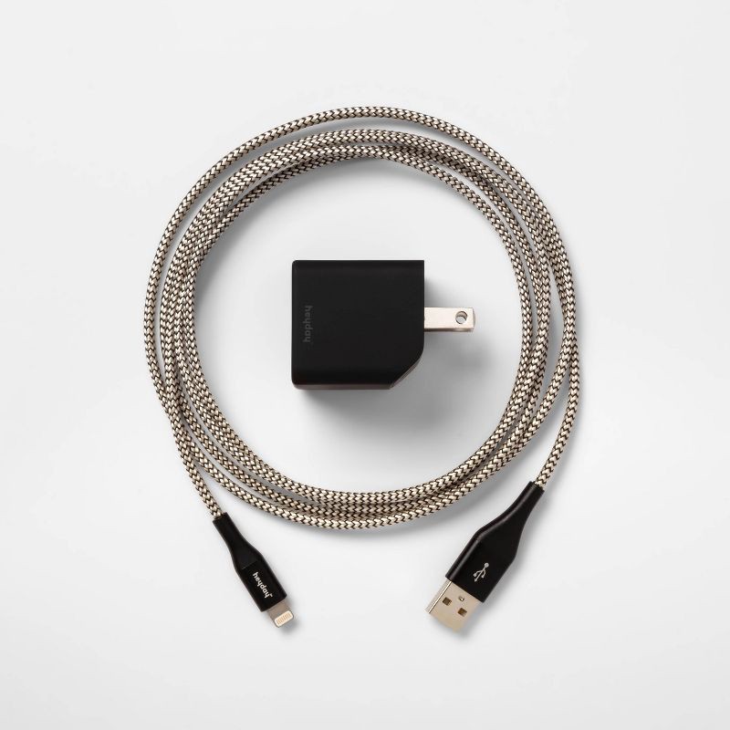 slide 3 of 4, 2-Port Wall Charger 15W USB-C & 5W USB-A (with 6' Lightning to USB-A Cable) - heyday™ Black/Gold: phone charging block, 1 ct