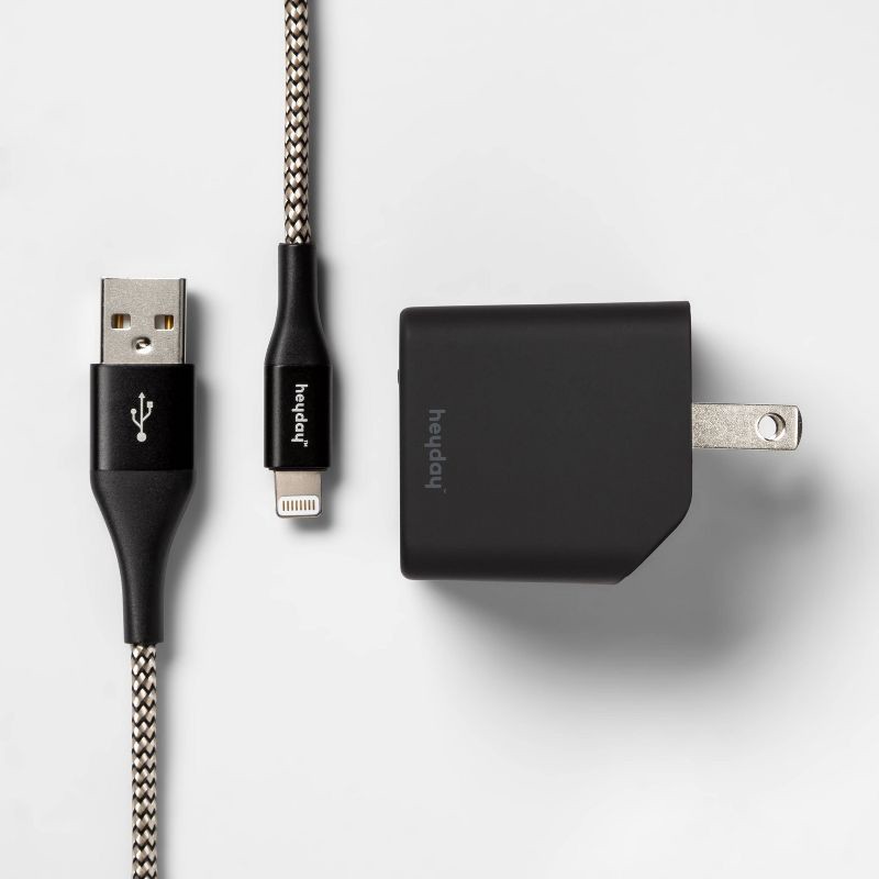 slide 1 of 4, 2-Port Wall Charger 15W USB-C & 5W USB-A (with 6' Lightning to USB-A Cable) - heyday™ Black/Gold: phone charging block, 1 ct