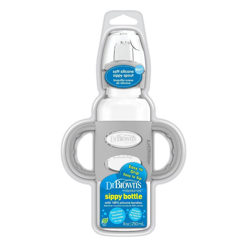 slide 2 of 6, Dr. Brown's 8oz Milestones Narrow Sippy Bottle with Silicone Handles & Soft Spout - 6m+ - Gray, 8 oz