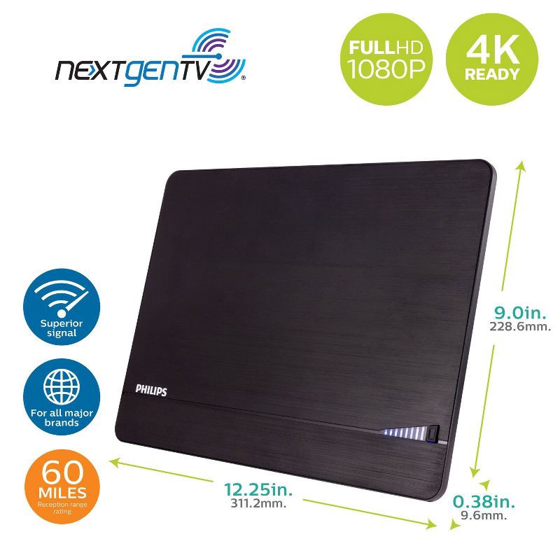 slide 2 of 7, Philips Elite Indoor Amplified Signal Finder TV Antenna with 10 ft. Coax Included - Black: HDTV & Wall Mount, 10 ft