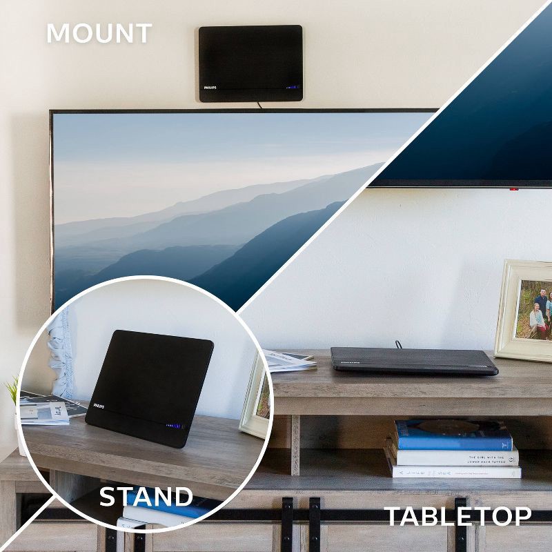 slide 6 of 7, Philips Elite Indoor Amplified Signal Finder TV Antenna with 10 ft. Coax Included - Black: HDTV & Wall Mount, 10 ft
