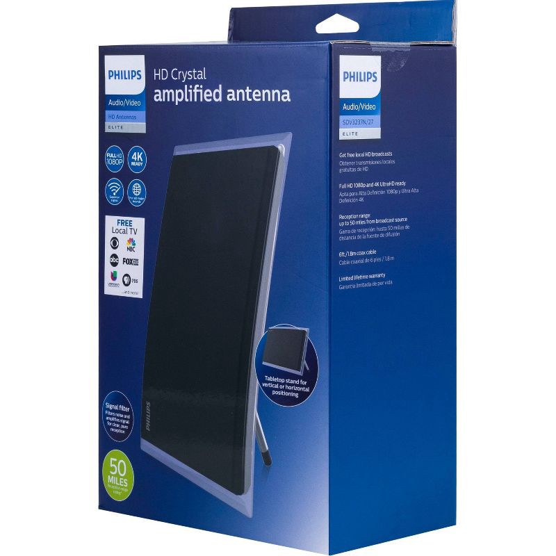 Philips Crystal HD Indoor Amplified TV Antenna with 6' Coaxial Cable