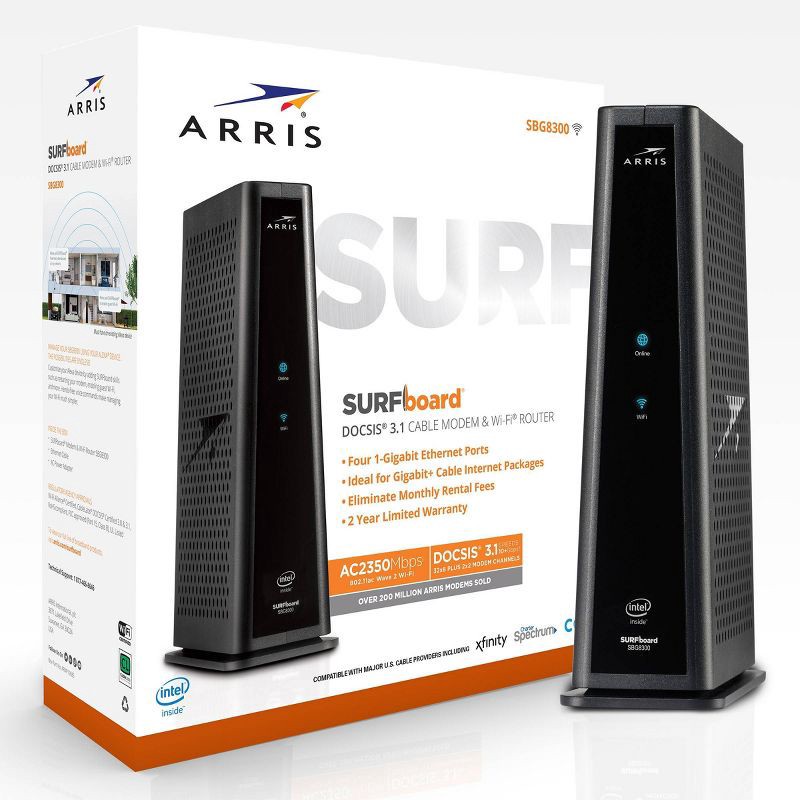 slide 2 of 5, ARRIS SURFboard DOCSIS 3.1 Wi-Fi Cable Modem, Model SBG8300 (Black), 1 ct