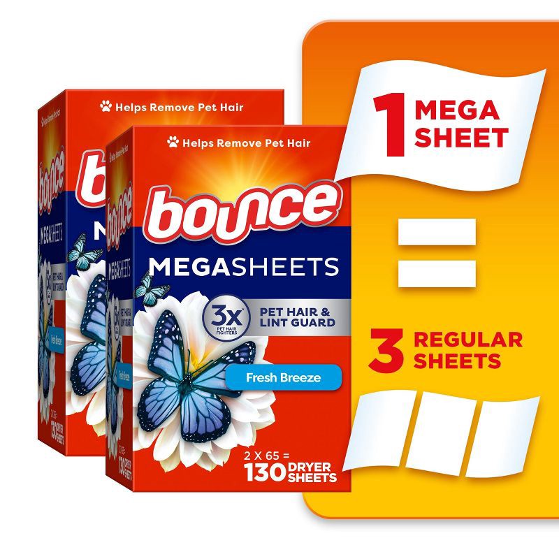 slide 1 of 10, Bounce Pet Hair & Lint Guard Mega Dryer Sheets - Fresh Breeze - 130ct, 130 ct