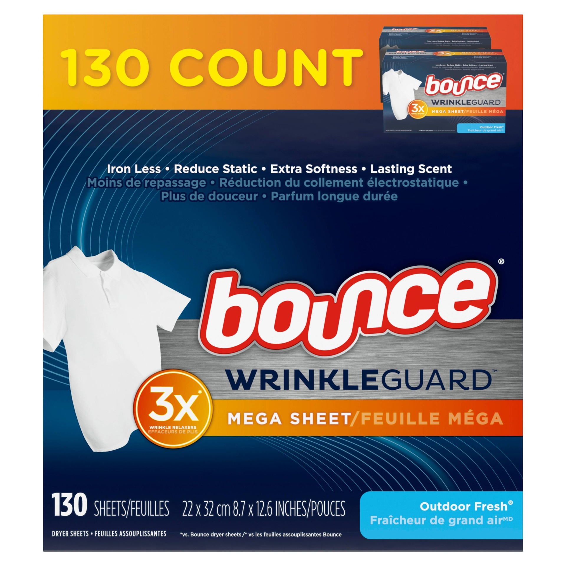 slide 1 of 8, Bounce WrinkleGuard Outdoor Fresh Scent Fabric Softener and Wrinkle Releaser Mega Dryer Sheets - 130ct, 130 ct