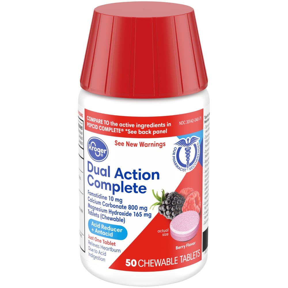 slide 1 of 1, Kroger Dual Action Complete Berry Flavor Acid Reducer Antacid Chewable Tablets, 50 ct