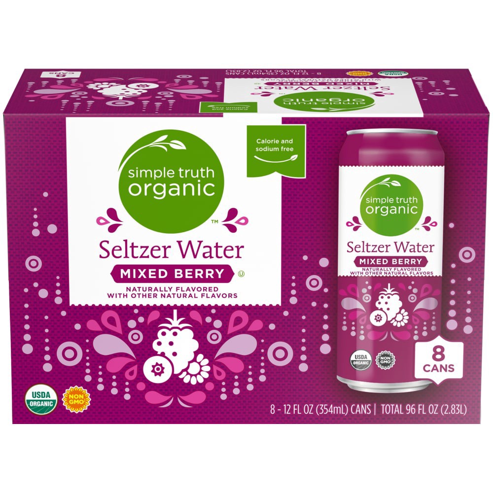 slide 1 of 5, Simple Truth Organic Naturally Flavored Mixed Berry Seltzer Water, 8 ct; 12 fl oz