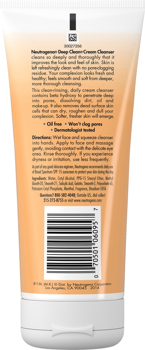 slide 4 of 7, Neutrogena Deep Clean Daily Facial Cream Cleanser with Beta Hydroxy Acid to Remove Dirt, Oil & Makeup, Alcohol-Free, Oil-Free & Non-Comedogenic, 7 fl. oz, 7 oz