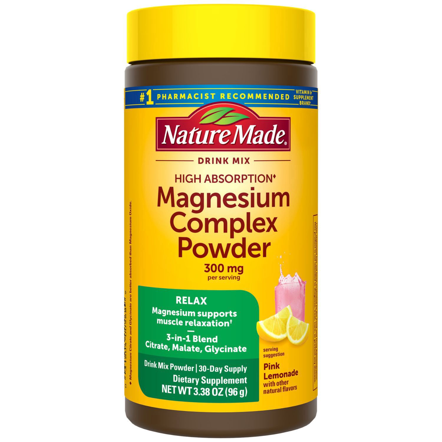 slide 1 of 1, Nature Made High Absorption Magnesium Complex Drink Mix Powder, Magnesium Citrate, Magnesium Glycinate & Magnesium Malate 3-In-1 Blend, Pink Lemonade Flavor, 96 g, 30 Day Supply, 30 ct