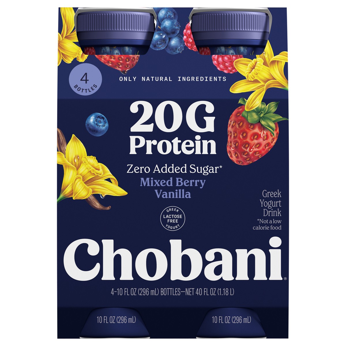 slide 1 of 12, Chobani 20g Protein Lowfat Greek Yogurt Drink Mixed Berry Vanilla 10 fl oz 4PK, 4 ct