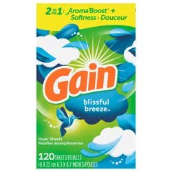 Gain dryer sheets, 120 Count, Blissful Breeze Scent Laundry Fabric Softener Sheets with 2-in-1 Aromaboost Plus Softness