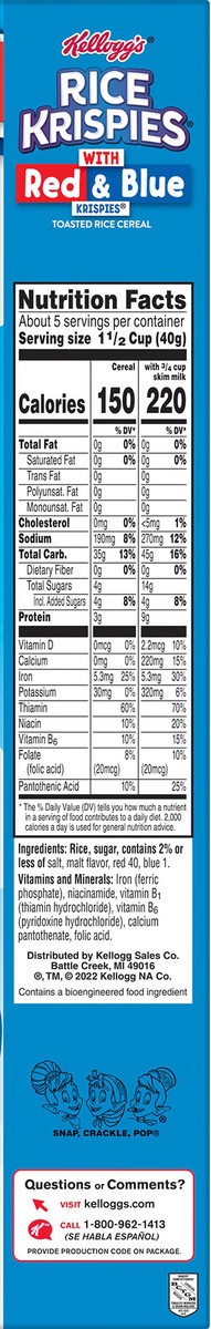 slide 6 of 8, Rice Krispies Kellogg's Rice Krispies Breakfast Cereal, Summer Snacks, Family Breakfast, Red and Blue Color Mix, 7.5oz Box, 1 Box, 7.5 oz