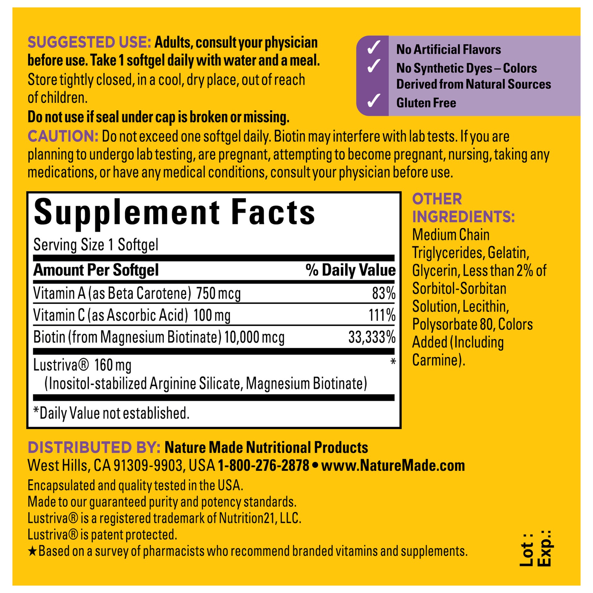 slide 4 of 8, Nature Made Hair Growth Softgels, Lustriva, Biotin, Vitamin C & A, 30 Count, 30 ct