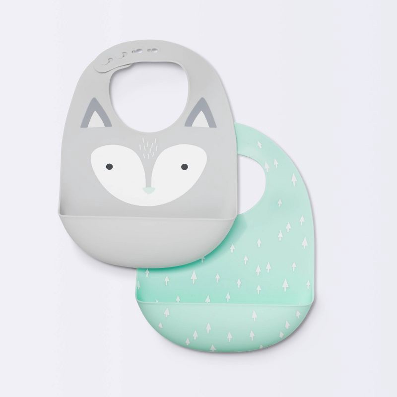 slide 1 of 4, Silicone Bibs with Decal - 2ct - Cloud Island™ Gray Fox & Green Arrows, 2 ct