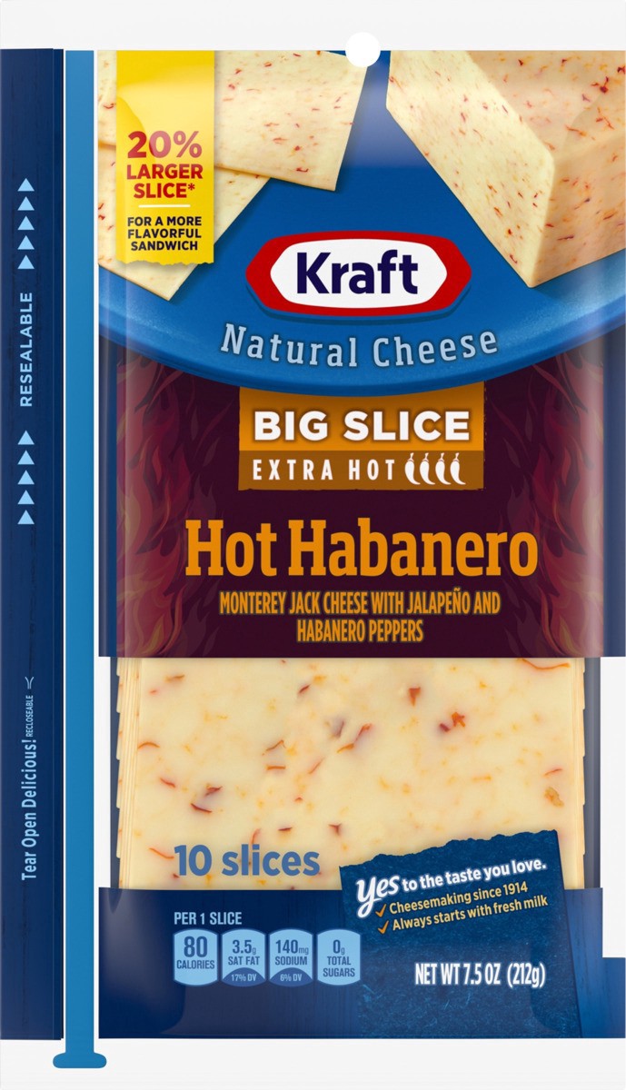 slide 14 of 14, Kraft Big Slice Hot Habanero Monterey Jack Cheese Slices with Extra Hot Jalapeno & Habanero Peppers, 10 ct Pack, 10 ct