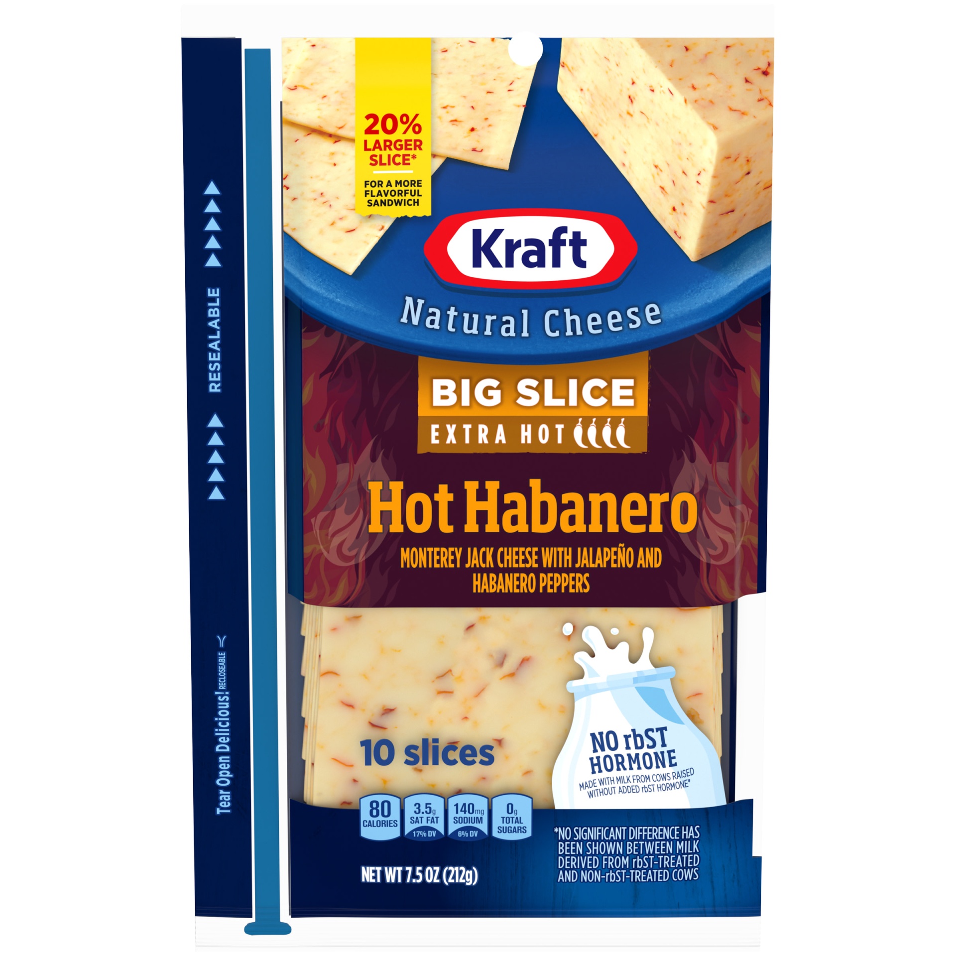 slide 1 of 6, Kraft Big Slice Hot Habanero Monterey Jack Cheese Slices with Extra Hot Jalapeno & Habanero Peppers Pack, 7.5 oz