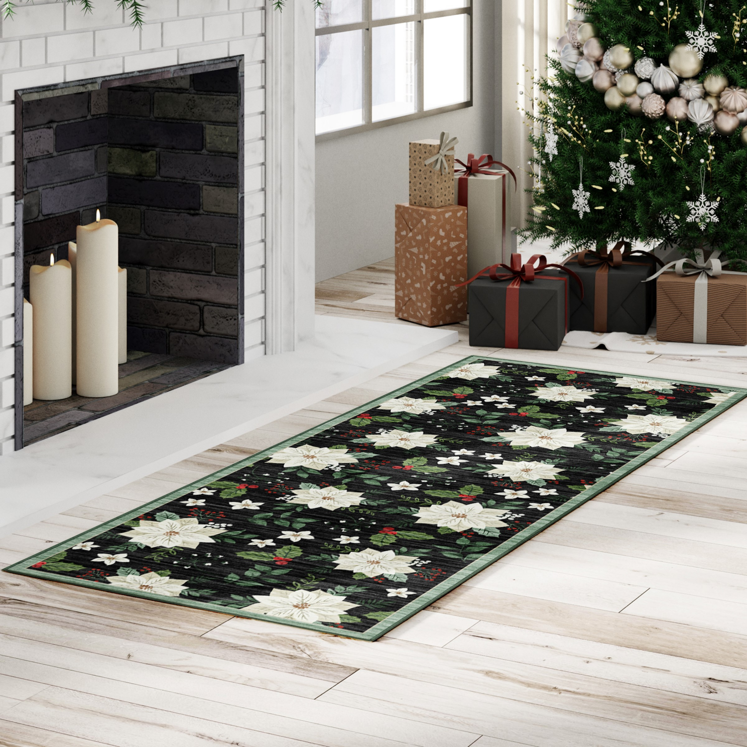 slide 3 of 4, Gertmenian Crystal Print Poinsettia Runner 26x72", Black, 1 ct