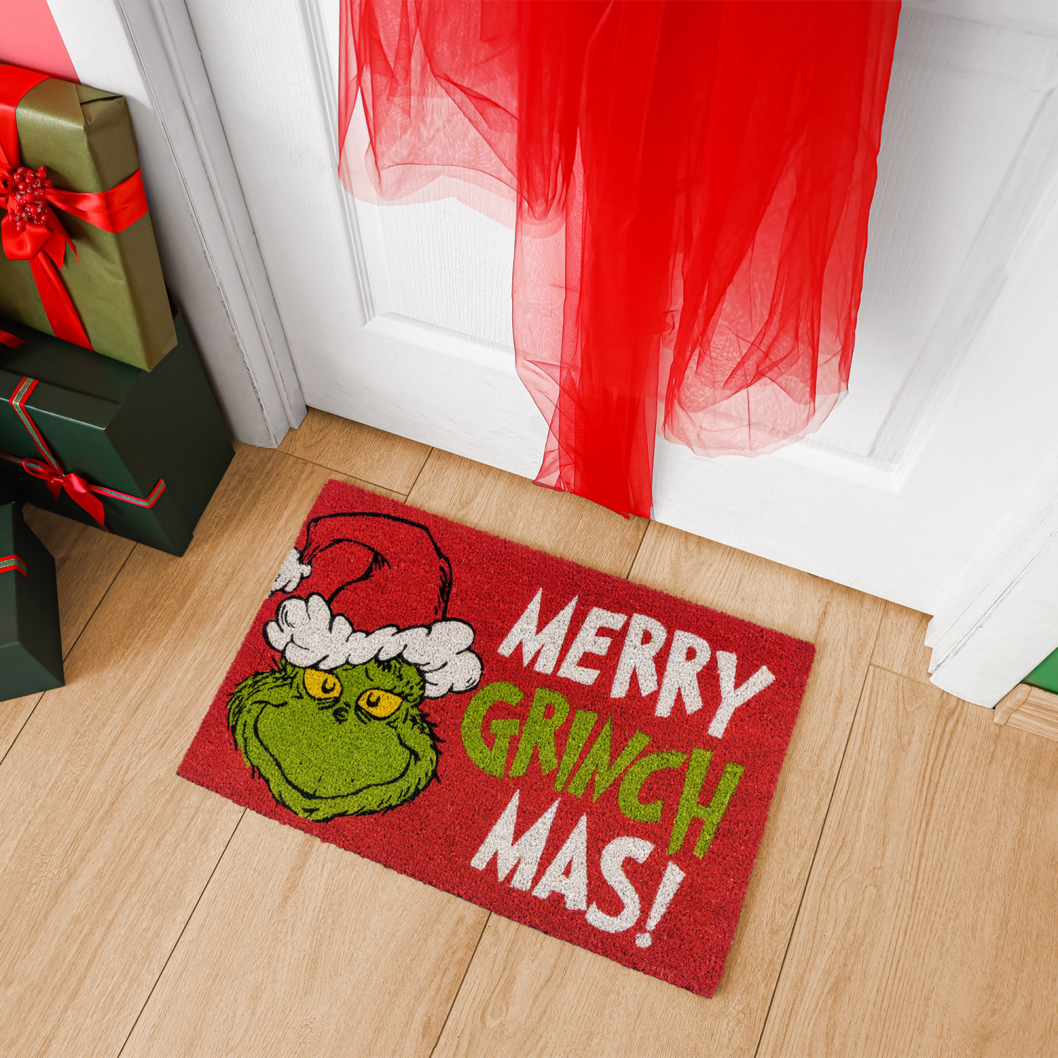slide 3 of 3, Grinch Merry Grinchmas Coir Mat, 18 in x 30 in, Red, 1 ct