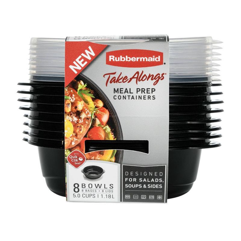 slide 1 of 4, Rubbermaid 16pc TakeAlongs Meal Prep Containers Set: BPA-Free, Microwave & Freezer Safe, Black & Clear Food Storage, 16 ct