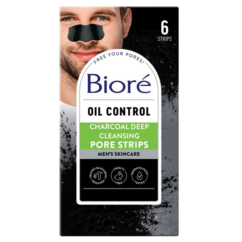 slide 1 of 7, Biore Men's Charcoal Deep Cleansing Pore Strips, Charcoal Blackhead Remover Pore Strips, Nose Strips - 6ct, 6 ct