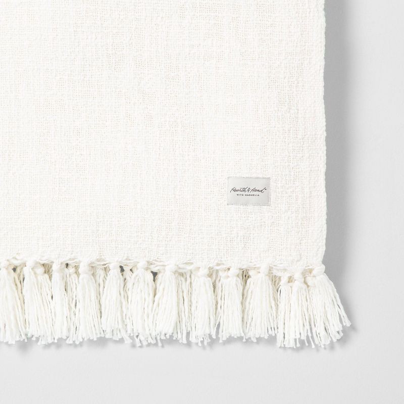 slide 2 of 3, Hearth & Hand with Magnolia Knotted Fringe Throw Blanket White - Hearth & Hand™ with Magnolia: Cotton Dobby Weave, Farmhouse Style, 55x80", 1 ct