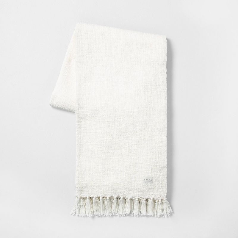 slide 1 of 3, Hearth & Hand with Magnolia Knotted Fringe Throw Blanket White - Hearth & Hand™ with Magnolia: Cotton Dobby Weave, Farmhouse Style, 55x80", 1 ct