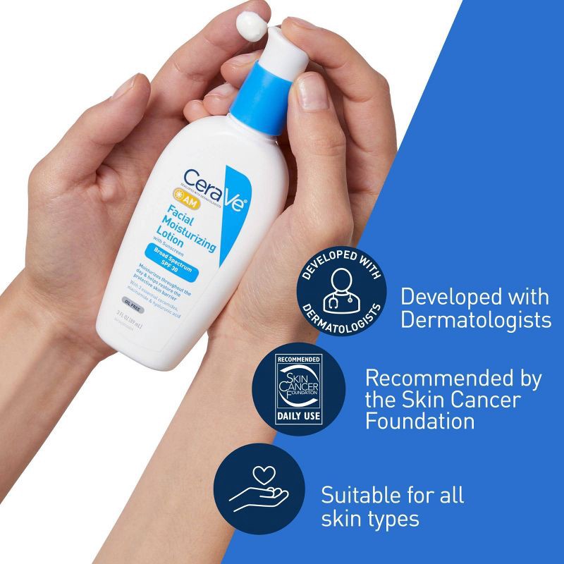 slide 5 of 9, CeraVe Face Moisturizer with Sunscreen, AM Facial Moisturizing Lotion for Normal to Dry Skin - SPF 30 - 2 fl oz​​, 30 x 2 fl oz