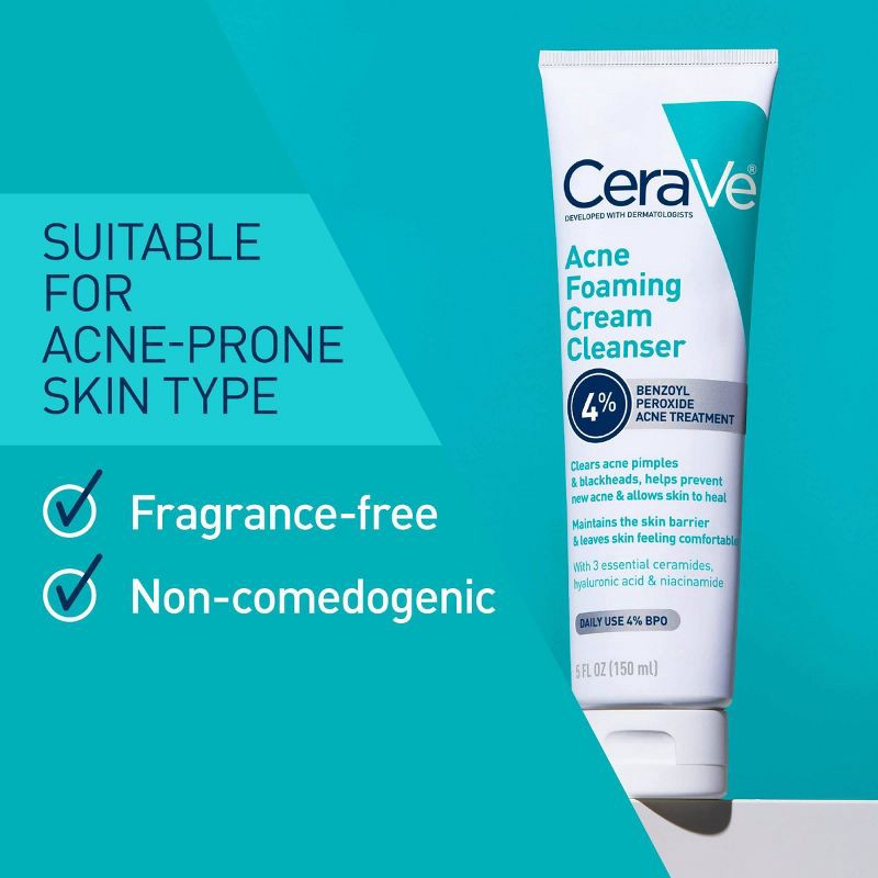 slide 5 of 12, CeraVe Acne Foaming Cream Face Cleanser, Acne Treatment Face Wash - Fragrance-Free - 5oz, 5 oz