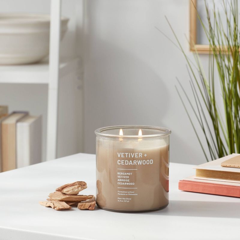 slide 2 of 3, 2-Wick Tinted Glass Vetiver + Cedarwood Lidded Jar Candle Light Brown 14.5oz - Threshold™, 14.5 oz